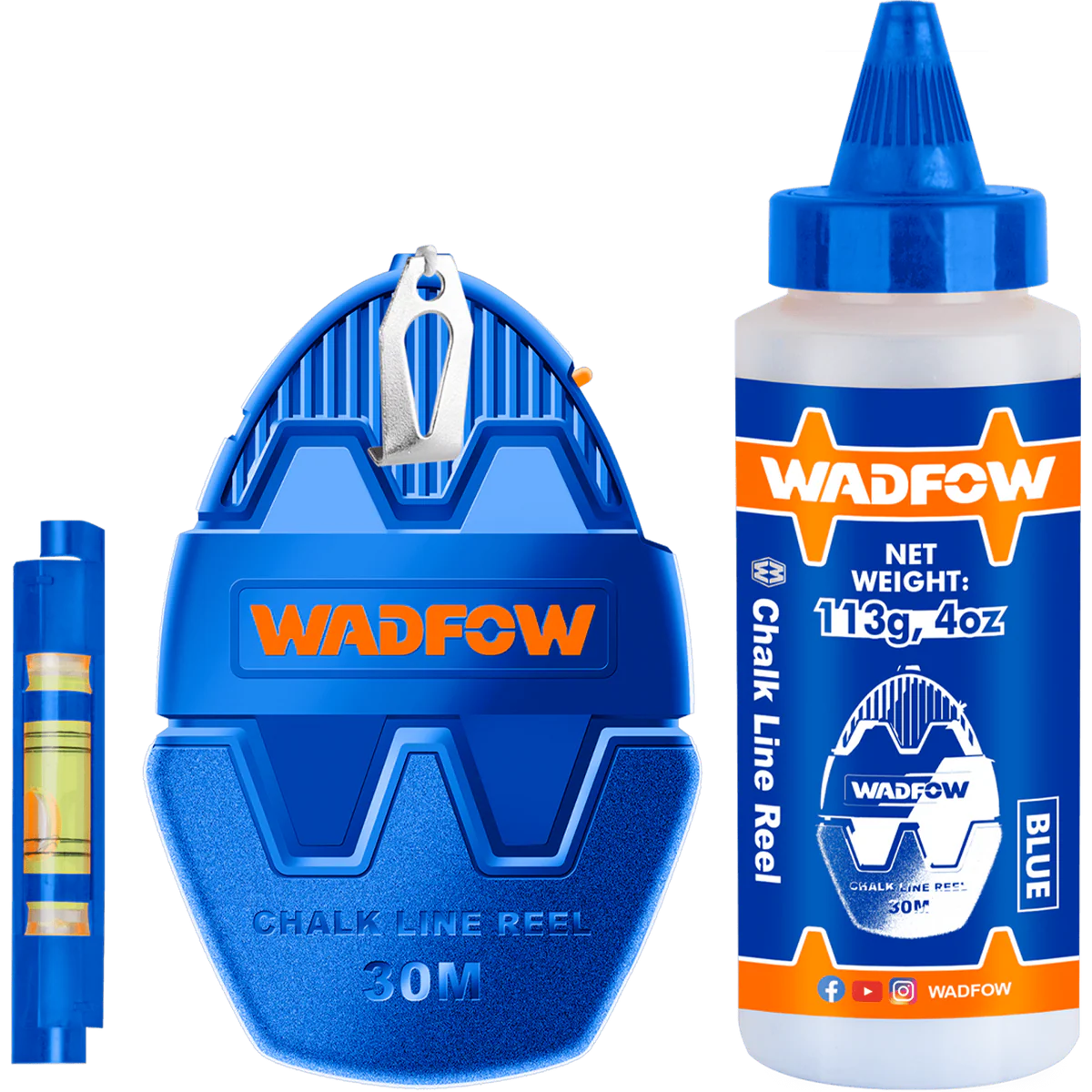WADFOW 30m Chalk Line Reel Set with 113g Blue Chalk Powder and Mini Line Level Layout Measuring Tool WHX1630 Wadfow